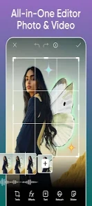 Video editing timeline with music and filter options visible